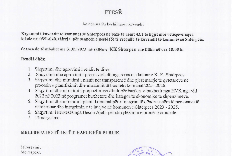 NJOFTIM PËR MBAJTJEN E KUVENDIT